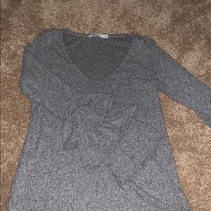 Heather Grey Sweater V-Neck With Ruffle Sleeves